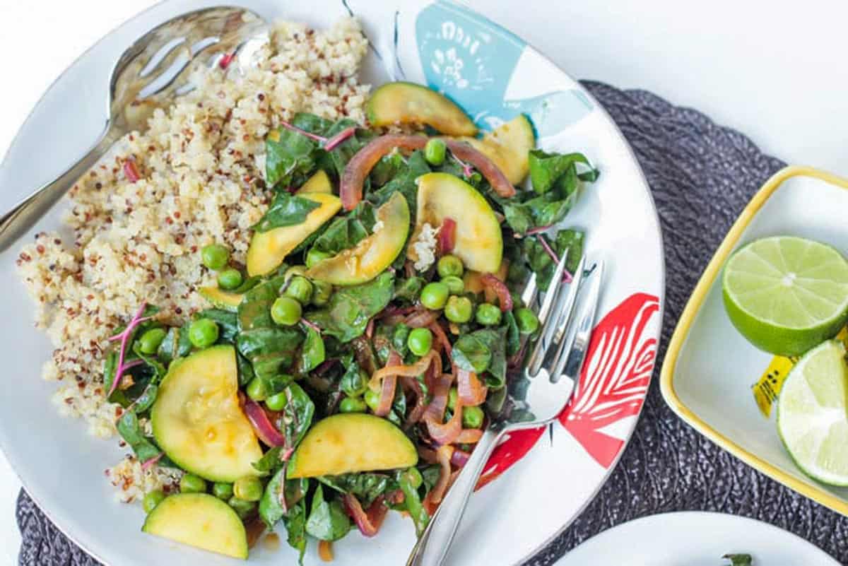 Fluffy quinoa with a side of mixed spring vegetables.