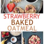 Three photo collage of muffins on a plate, recipe ingredients, and batter baked in a muffin pan.