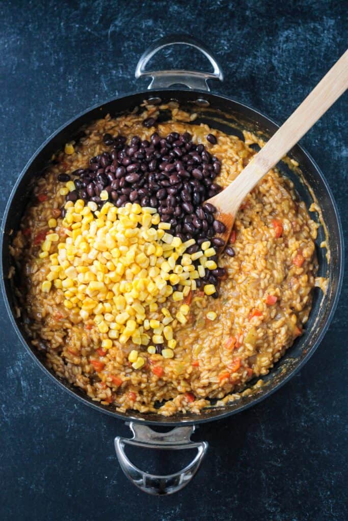 Corn and black beans added to risotto.
