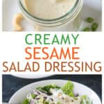 Two photo collage of a jar of sesame salad dressing and a bowl of salad drizzled with dressing.