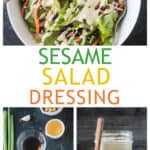 Three photo collage of a bowl of salad, dressing ingredients, and a jar of salad dressing.