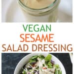 Two photo collage of a jar of sesame salad dressing and a bowl of salad drizzled with the dressing.