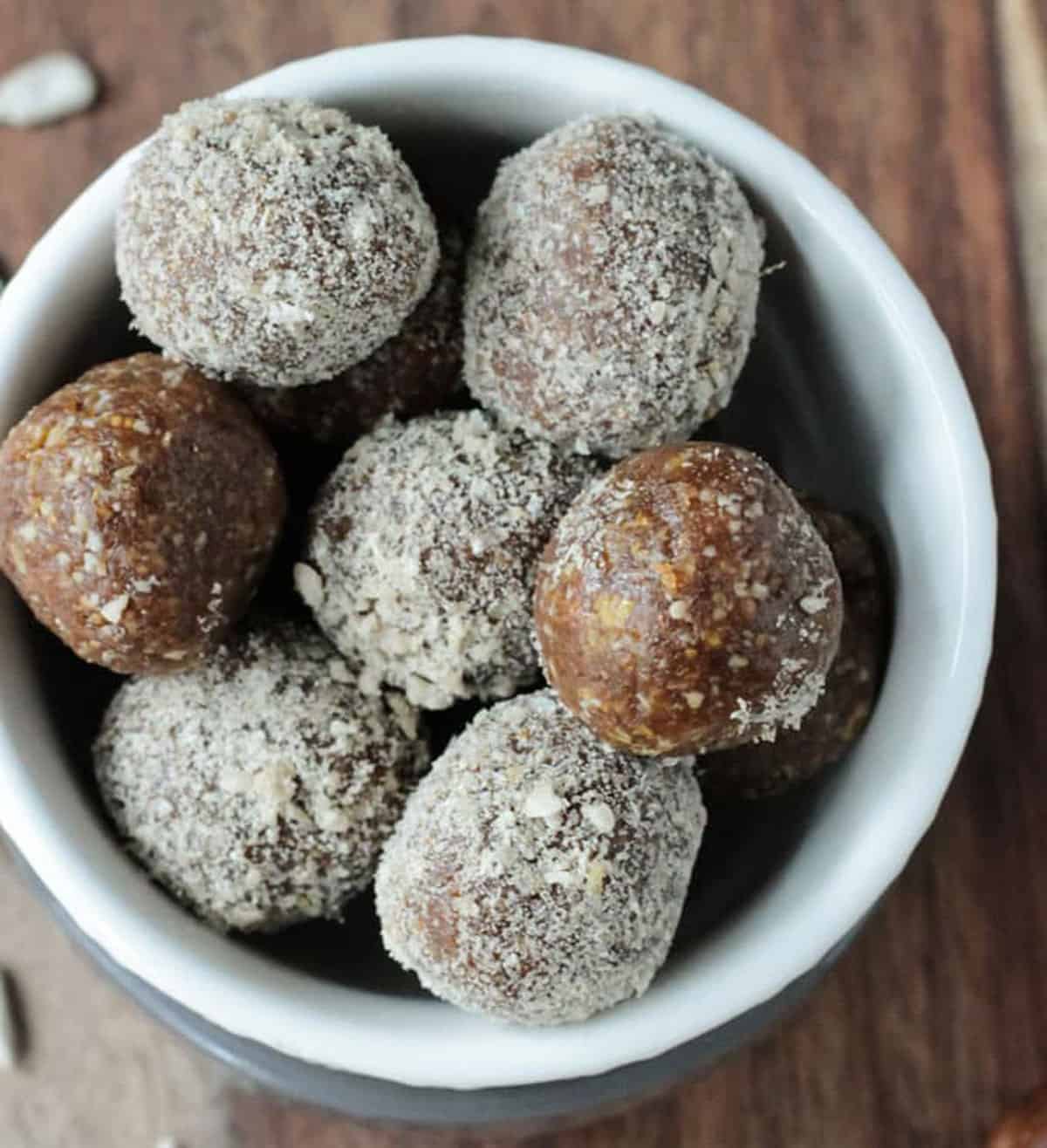 Overhead view of a bowl of fig energy balls.