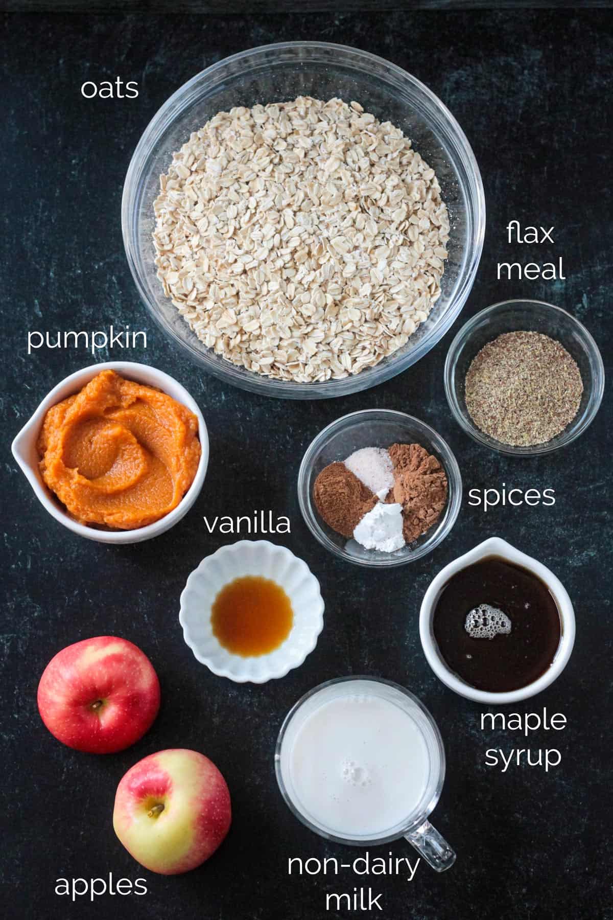 Recipe ingredients arrayed in individual bowls.