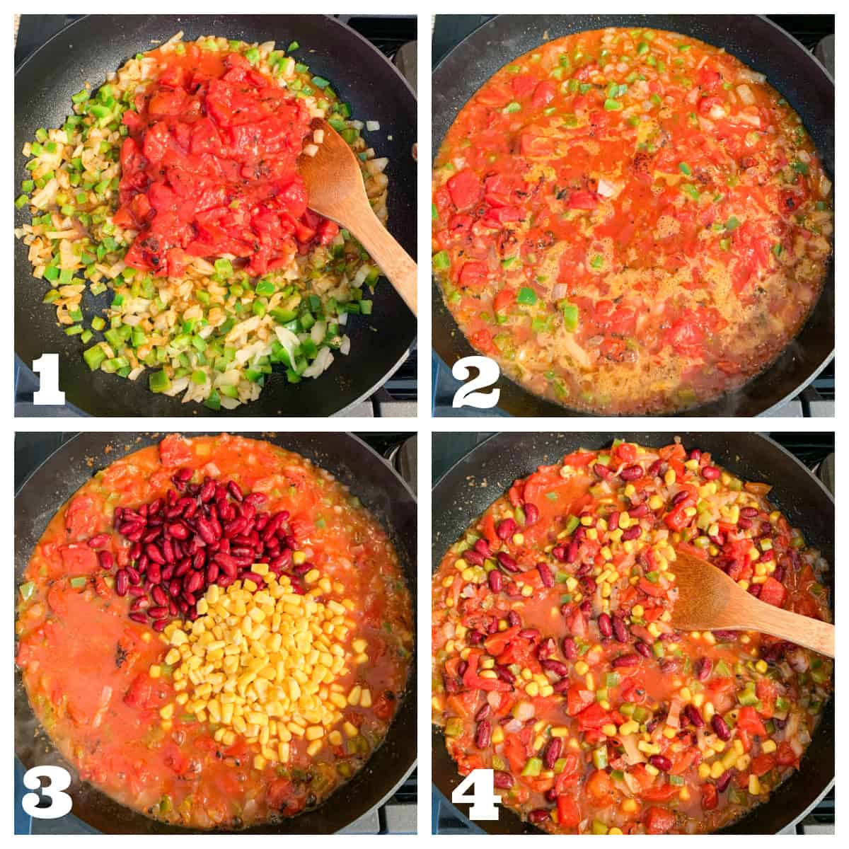 4 photo collage of sautéing veggies and adding tomatoes, beans, and corn.