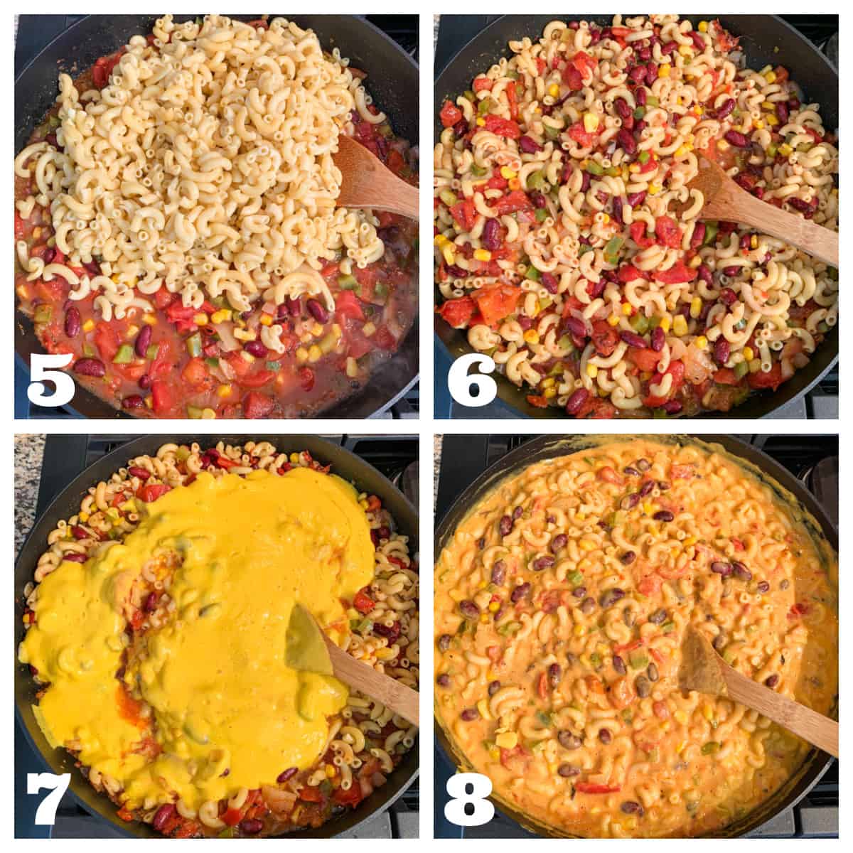 4 photo collage of adding noodles and cheese sauce and mixing together.