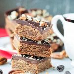 Stack of three vegan toffee bars.