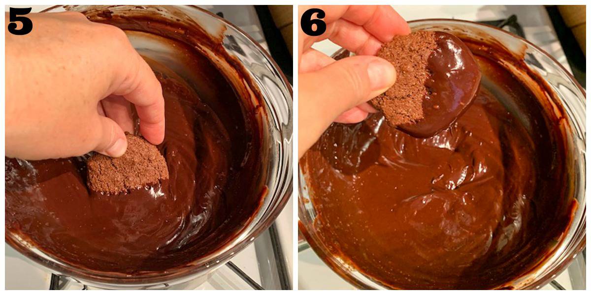 2 photo collage of dipping a cookie in melted chocolate.