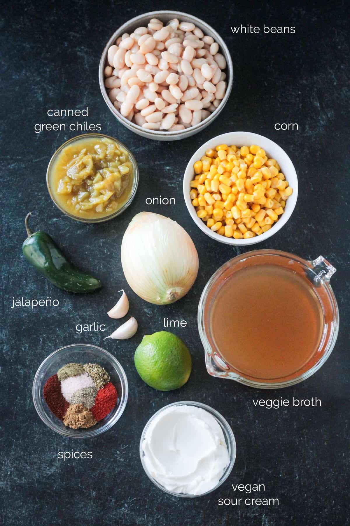 Recipe ingredients arrayed in individual bowls.