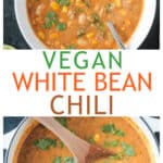 Two photo collage of a serving of vegan white chili in a bowl and the finished recipe in a pot on the stove.