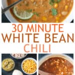 Three photo collage of a bowl of white bean chili, recipe ingredients, and a pot of chili.