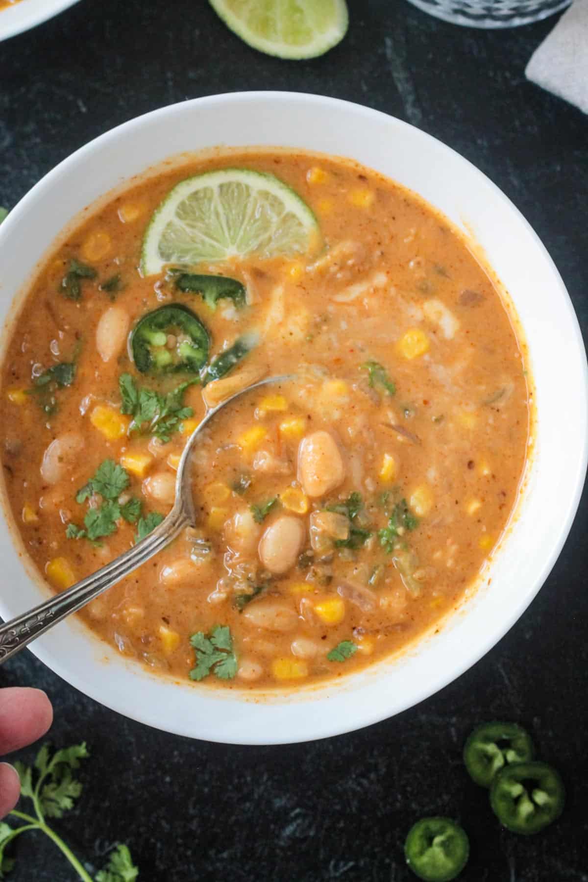 A metal spoon stirring a bowl of white bean chili.