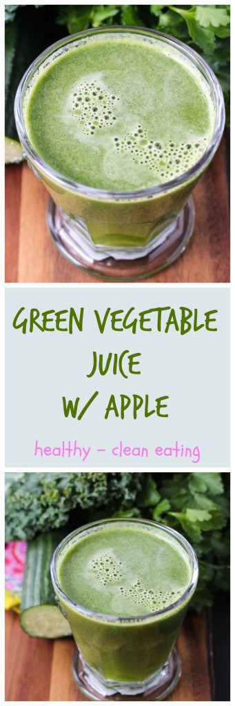Green Vegetable Juice w/ Apple - healthy green juice sweetened with apple that you will actually enjoy drinking! The flavors are balanced perfectly and this juice is mild enough for even those who are new to juicing. Kids will even love this green vegetable juice!