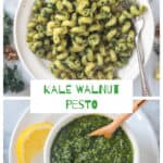 Two photo collage of a plate of pesto pasta and a bowl of kale walnut pesto.