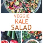 Three photo collage of a mixing bowl of salad, recipe ingredients needed, and a serving of salad in a bowl.