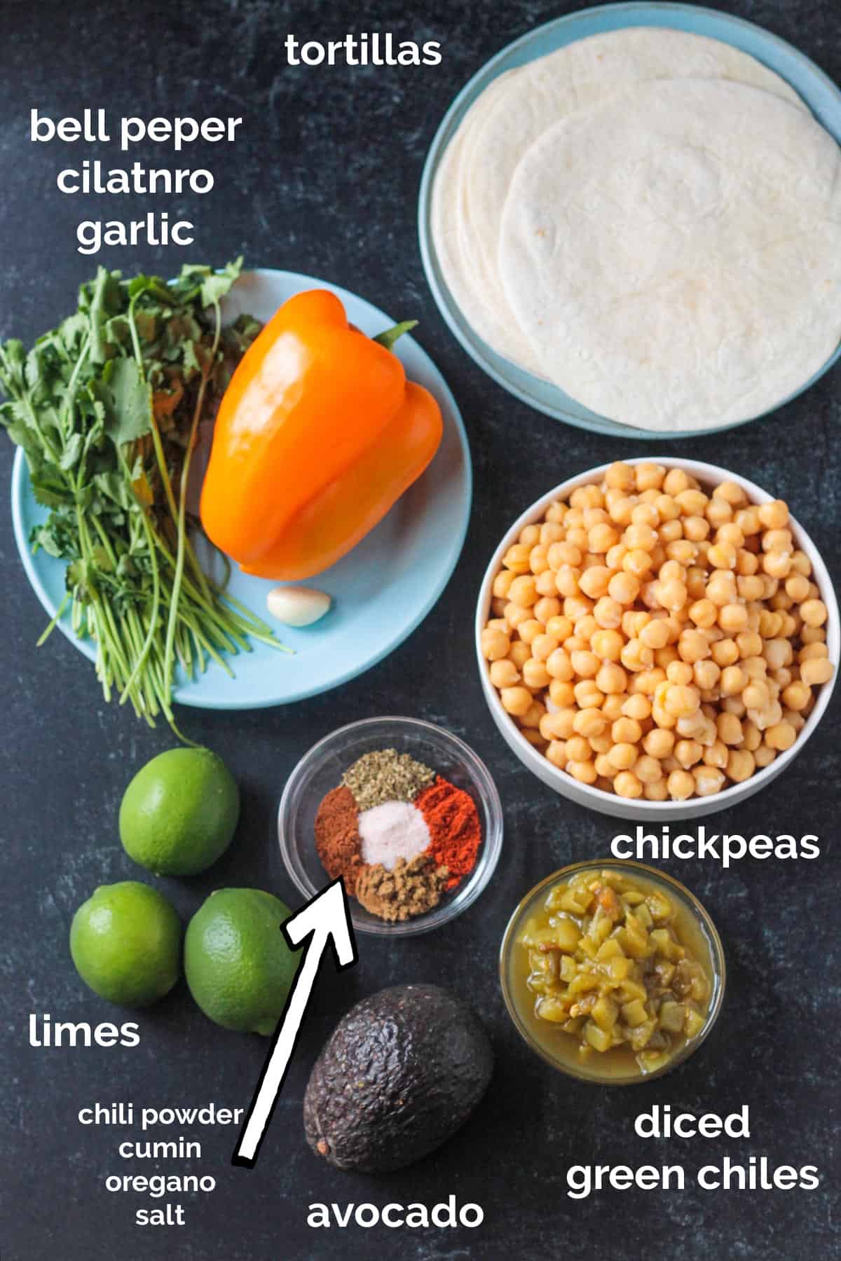 Recipe ingredients arrayed in individual bowls.