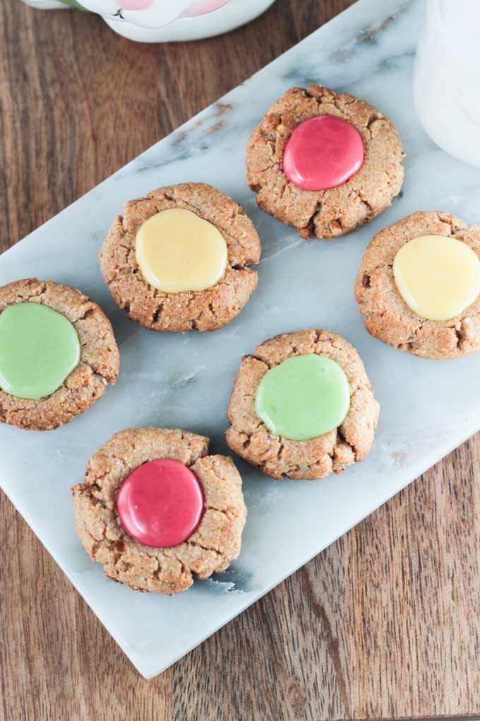 Overhead view of Gluten Free Thumbprint Cookies on a marble slab