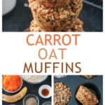 Three photo collage of carrot cake baked oatmeal muffins.
