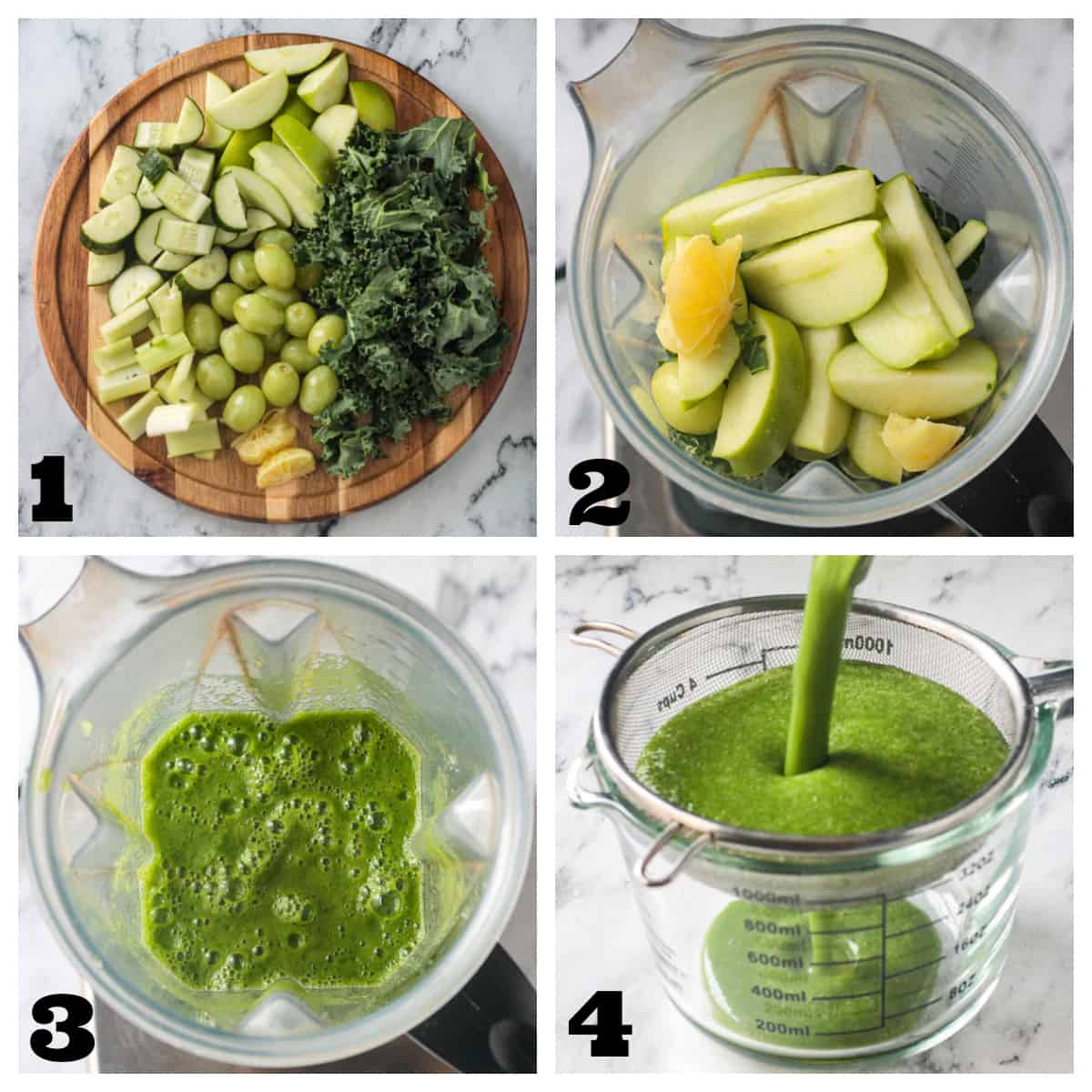 4 photo collage of chopped veggies, ingredients in blender, puréed juice, and straining juice.