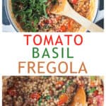 Two photo collage of recipe ingredients cooking in a pot, and the finished dish.