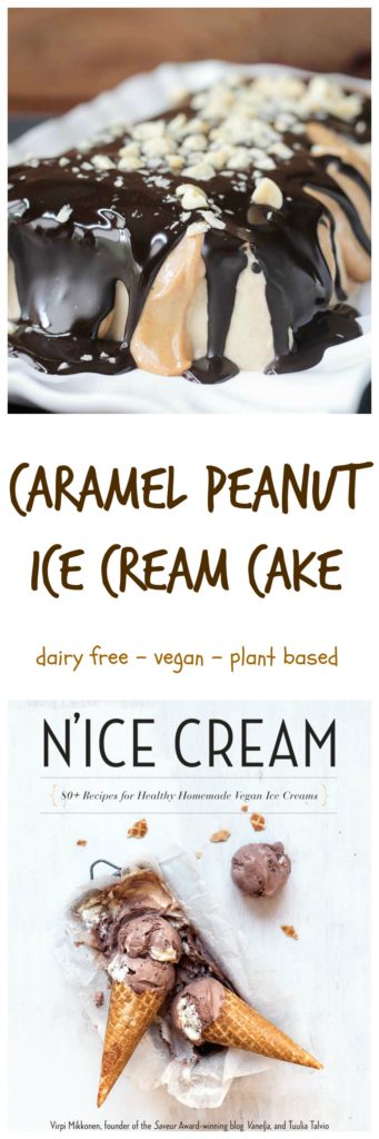 Caramel Peanut Vegan Ice Cream Cake - super decadent, yet actually healthy! Dairy free, gluten free, refined sugar free! You truly won't believe it! It tastes like a frozen Snickers!! So so good!!