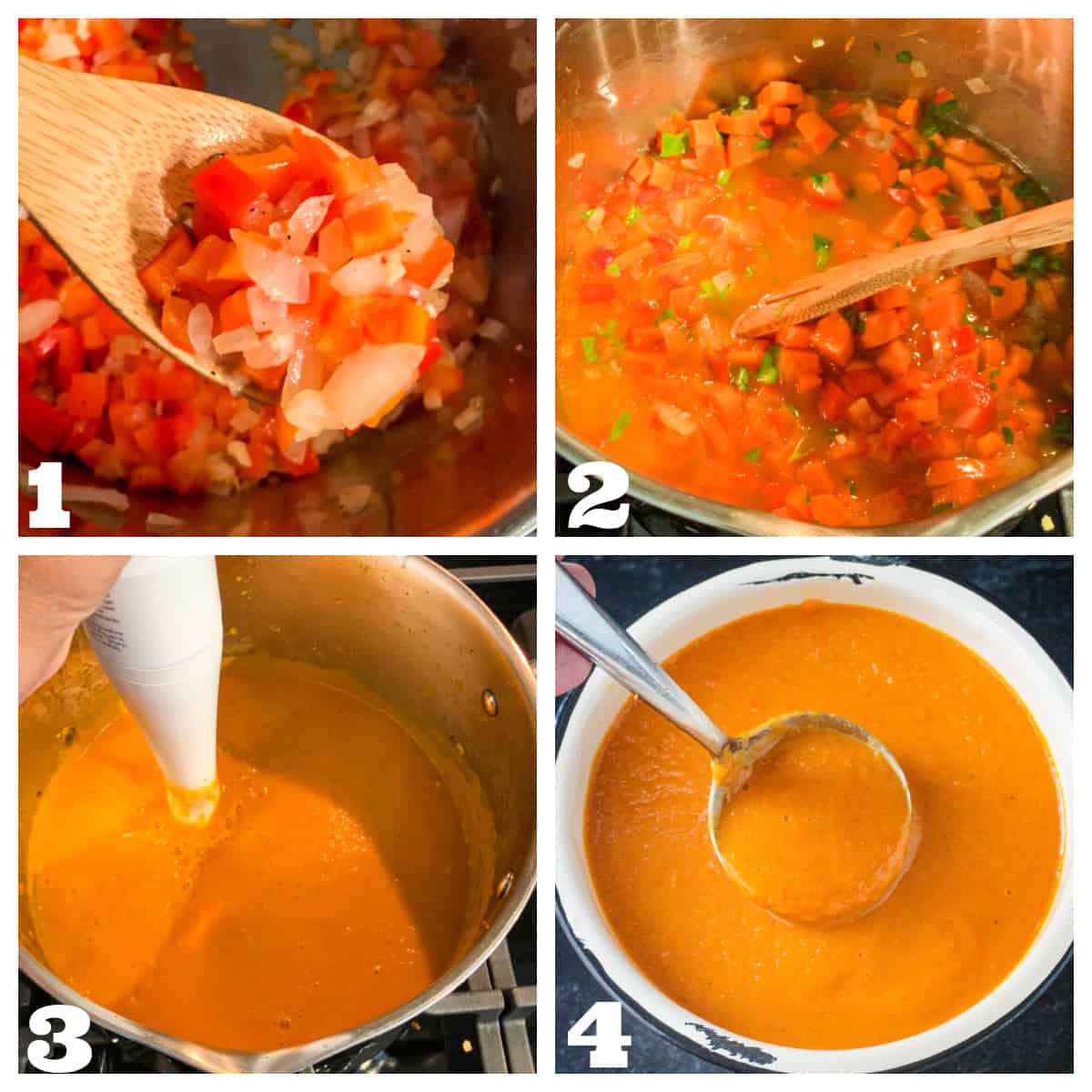 Four photo collage of sautéing vegetables, adding broth, puréeing the soup with an immersion blender, and ladling the soup.