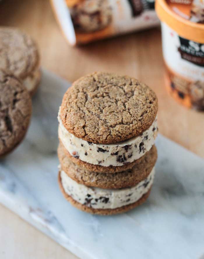 Overhead view of a stack of two ice cream cookie sandwiches.