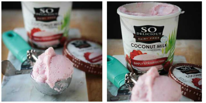 Scoop of So Delicious Coconut Milk Strawberry ice cream in an ice cream scoop. Opened pint of the ice cream behind.