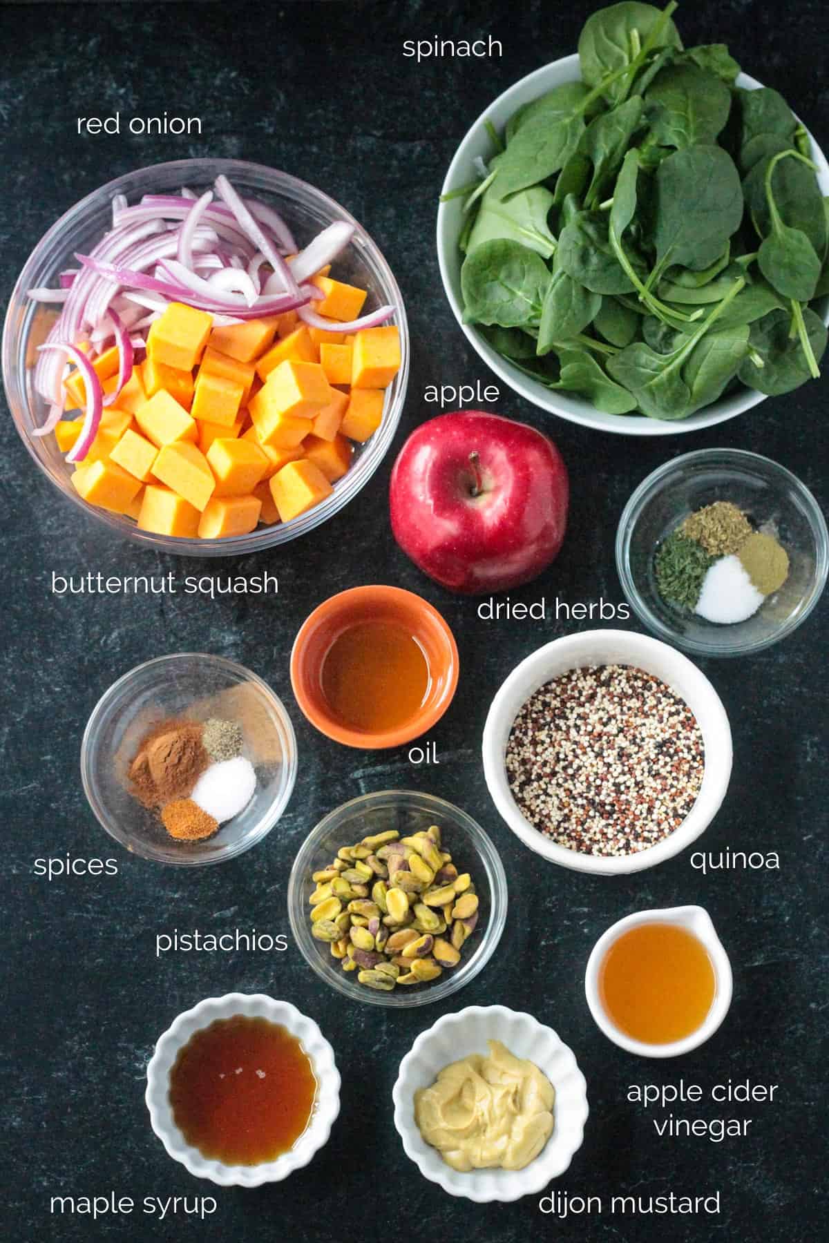 Recipe ingredients arrayed in individual bowls.