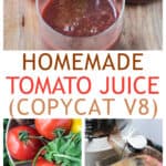 Three photo collage of tomato juice in a glass, recipe ingredients, and a juicer expelling the juice into a glass.
