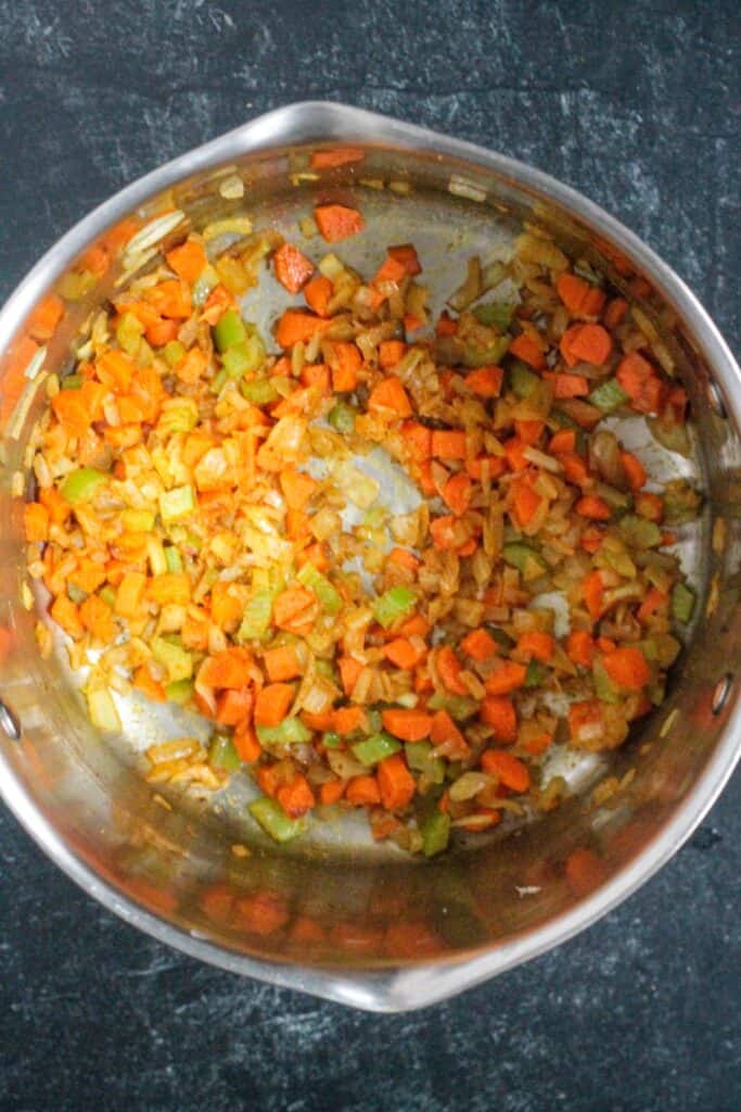 Sautéed carrots and spices with the onions and celery.