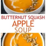 Two photo collage of a bowl of soup and a spoonful being lifted from a bowl.