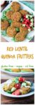 Baked Red Lentil Quinoa Fritters - crispy on the outside, but baked with no oil. These gluten free fritters are spiced with turmeric, cumin and a hint of cinnamon. Do Meatless Monday right!