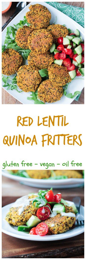 Gluten Free Red Lentil Quinoa Fritters - spiced with turmeric, cumin and a touch of cinnamon, these crispy vegan fritters are oil free and baked, not fried. An easy, high protein, meatless dinner that will delight your senses. #vegan #lentils #meatless #vegetarian #dinner #quinoa #dairyfree #glutenfree #oilfree