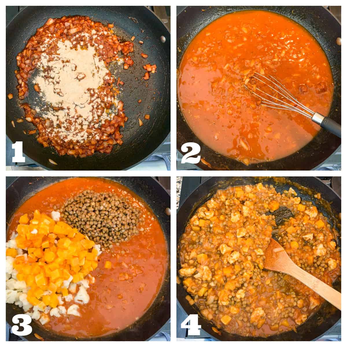 4 photo collage of sautéing the veggies, seasonings, and broth in a skillet.