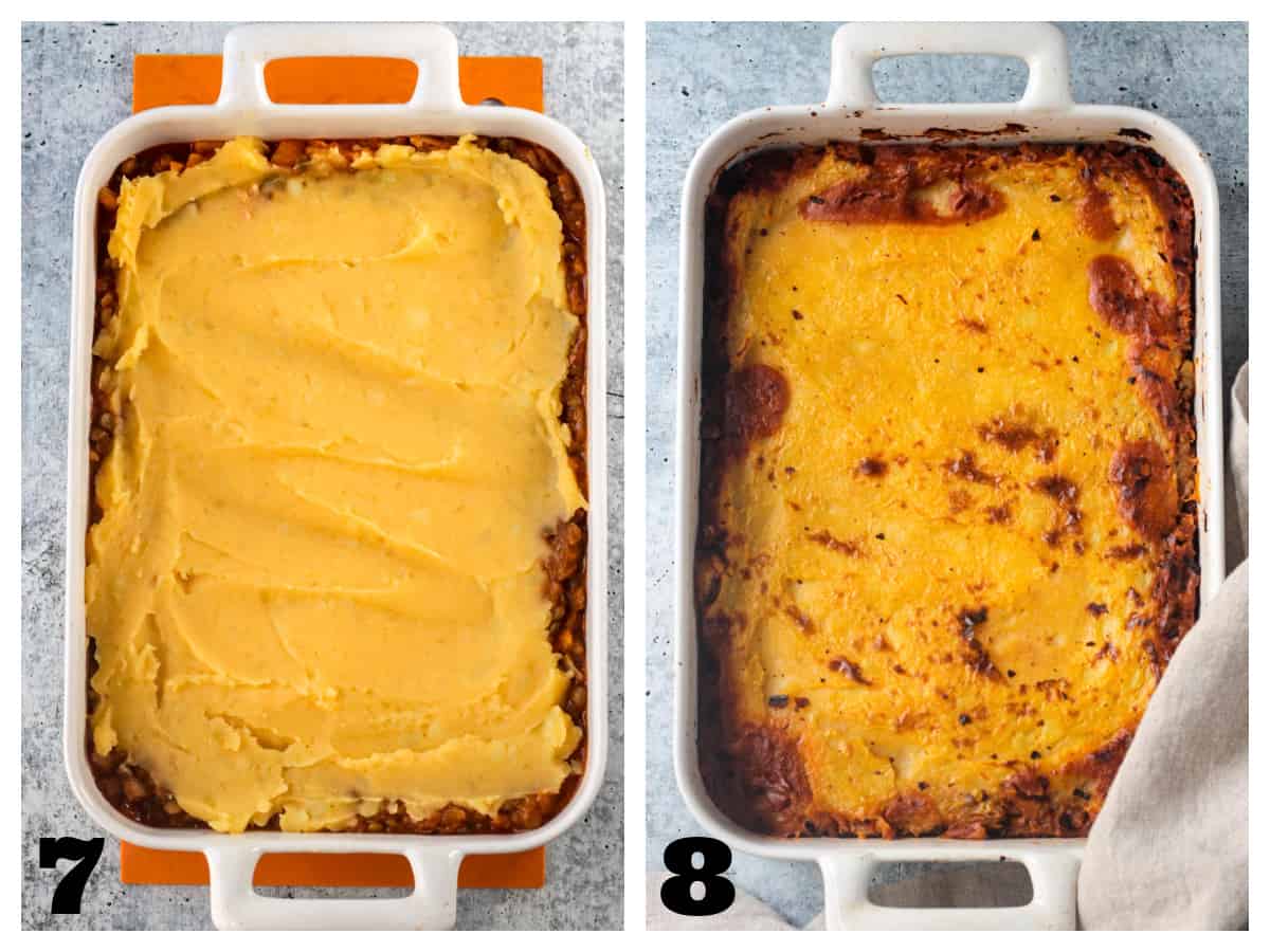 2 photo collage of the filling in a baking dish and potatoes dolloped on top.
