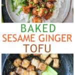 Two photo collage of plated sesame ginger tofu over rice and a skillet of tofu in a sticky glaze.