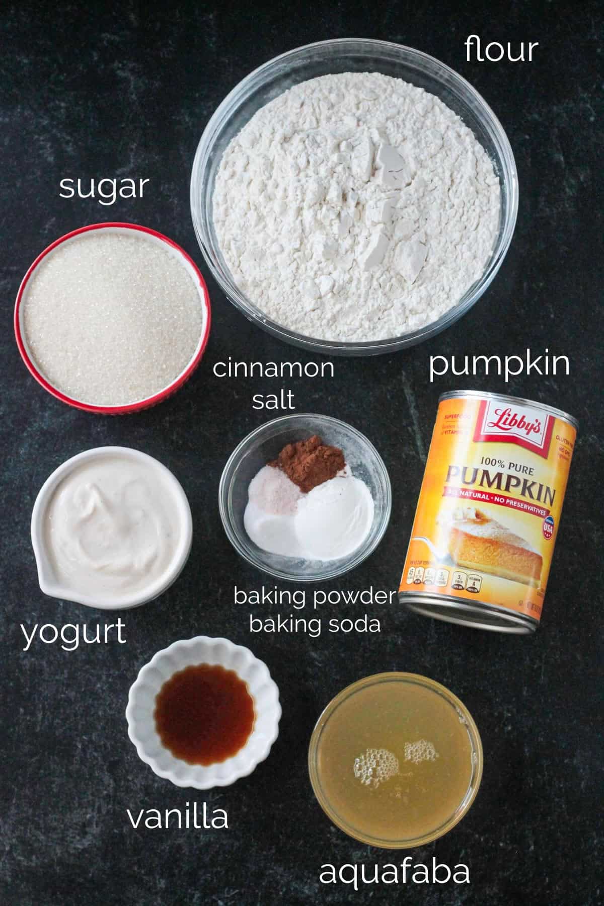 Recipe ingredients arrayed in individual bowls.