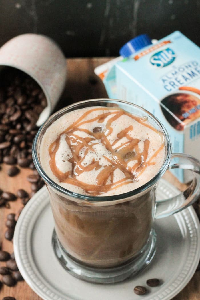 Homemade Iced Caramel Macchiato drizzled with caramel syrup.