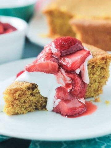 Hero Shot - Vanilla Corn Cake w/ Roasted Strawberries from The First Mess by Laura Wright