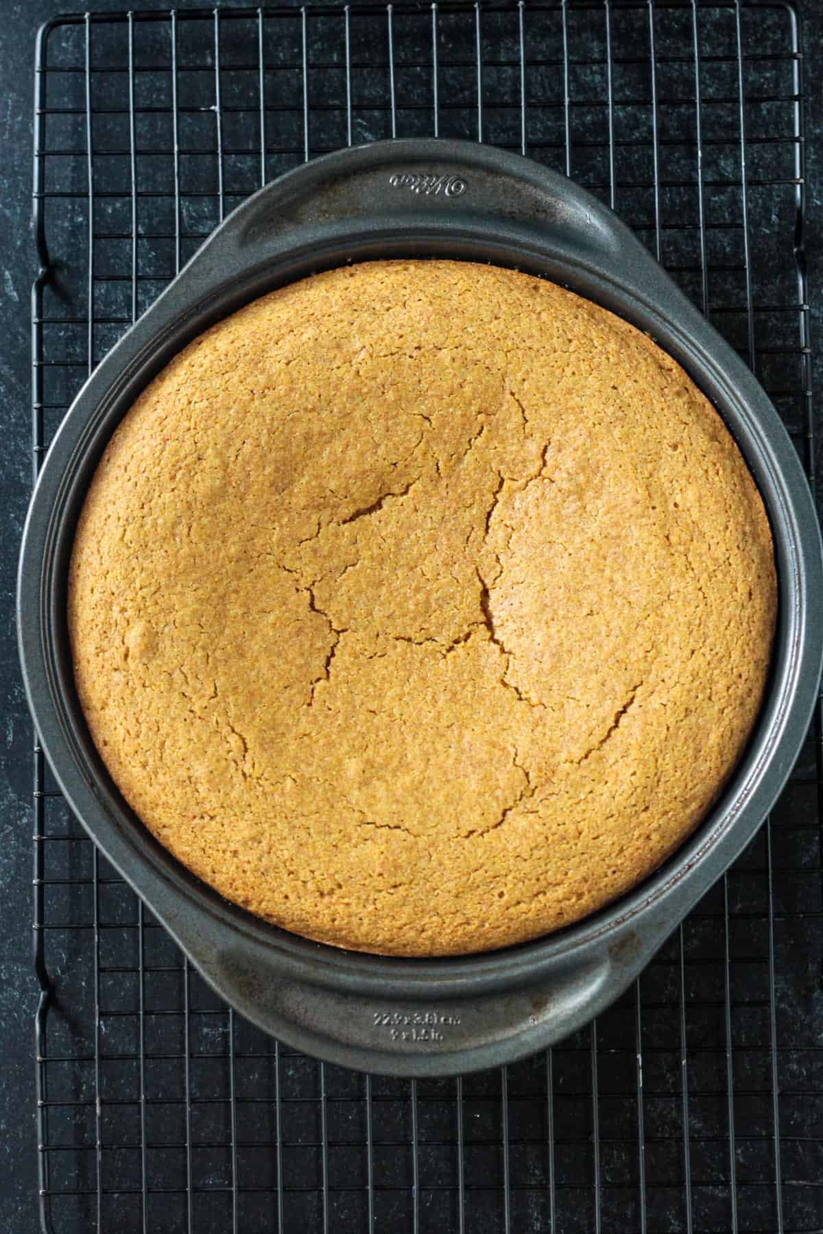 Baked cake in a round pan.