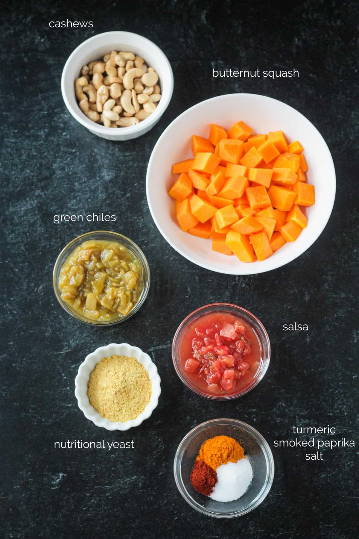 Recipe ingredients arrayed in individual bowls.