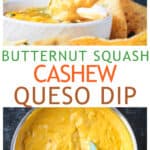 Two photo collage of queso in a skillet and a serving bowl with chips.