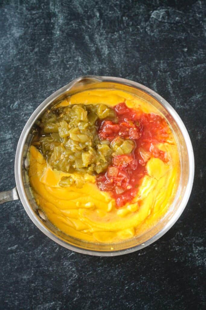 Butternut squash cashew queso topped wtih green chiles and salsa.