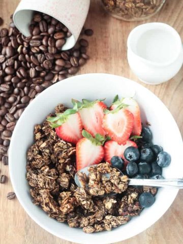 Coffee Granola - flavored with real coffee grounds, this oil free granola is the perfect pick me up.