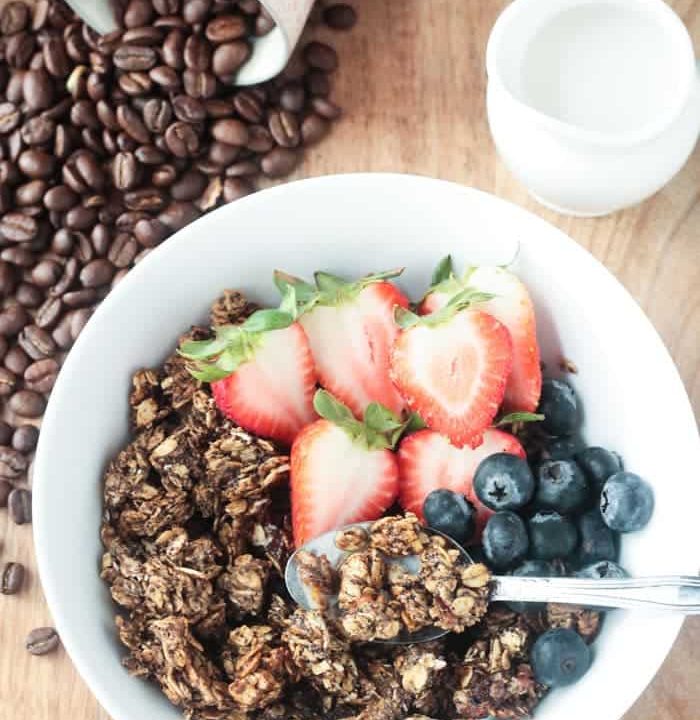 Coffee Granola - flavored with real coffee grounds, this oil free granola is the perfect pick me up.