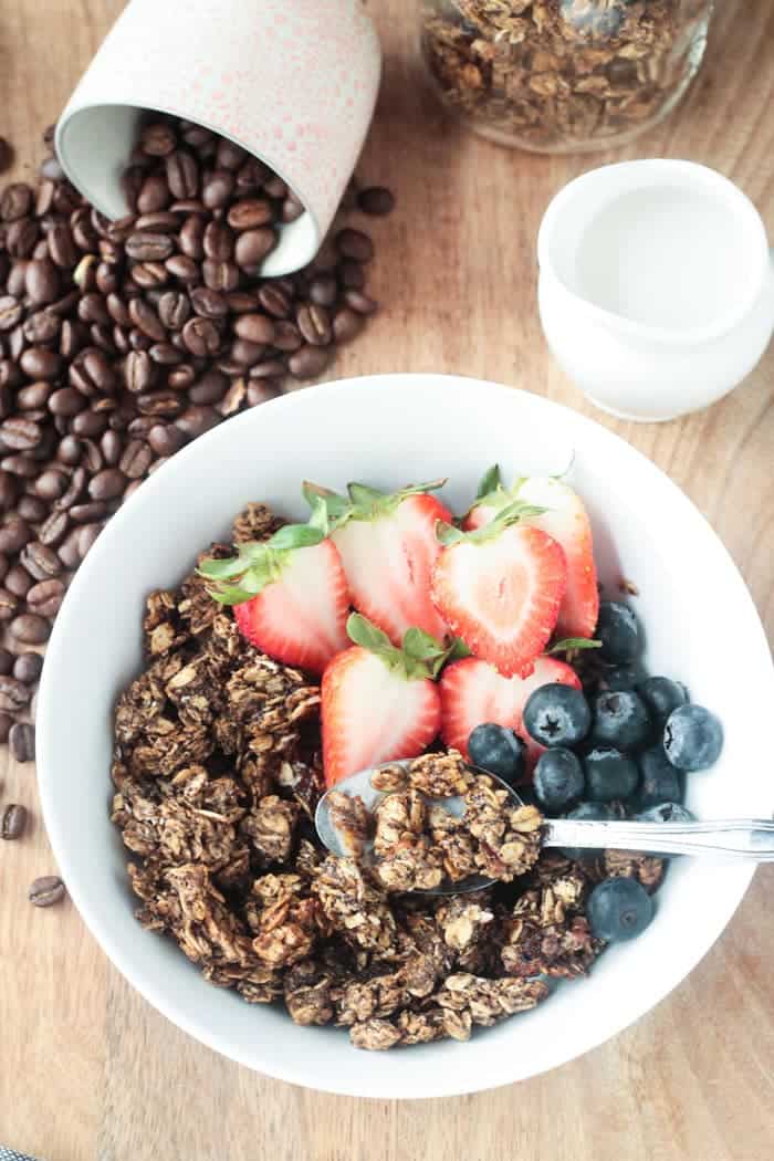 Coffee Granola - flavored with real coffee grounds, this oil free granola is the perfect pick me up.