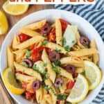 Mediterranean pasta with roasted red peppers and artichokes.