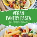 Two photo collage of pasta with peppers and artichokes.