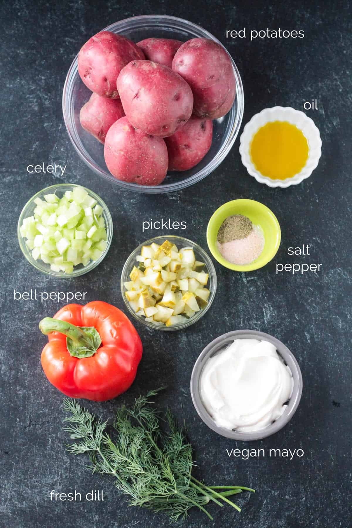 Recipe ingredients arranged in individual bowls.